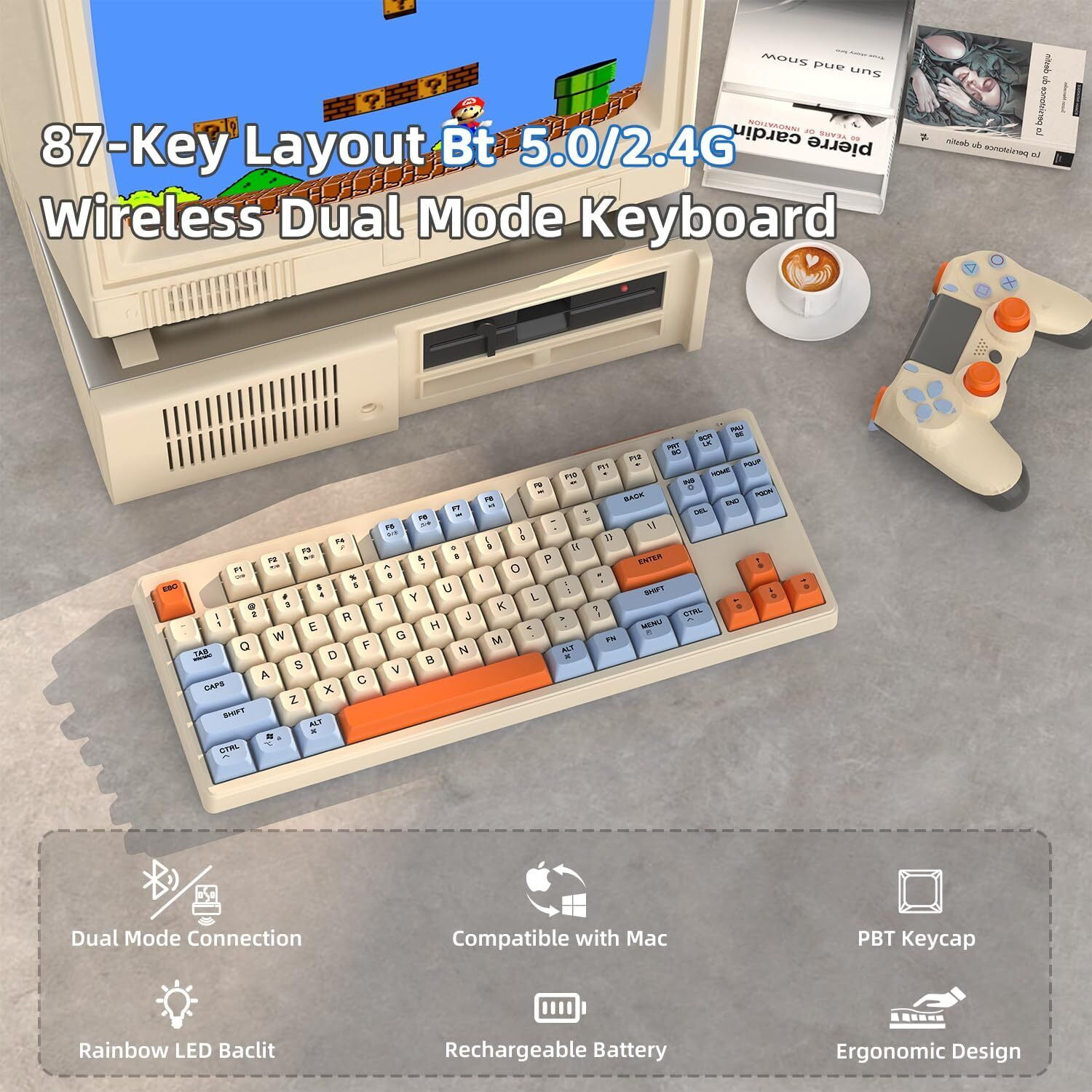 ATTACK SHARK Gaming Keyboard with Dual Mode Bluetooth 5.0/2.4Ghz TLK Mechanical Feeling Keyboard Mac,Rechargeable Anti-ghosting PBT 75% Wireless Keyboard Backlit for Silent Office/Gaming-Blueberries