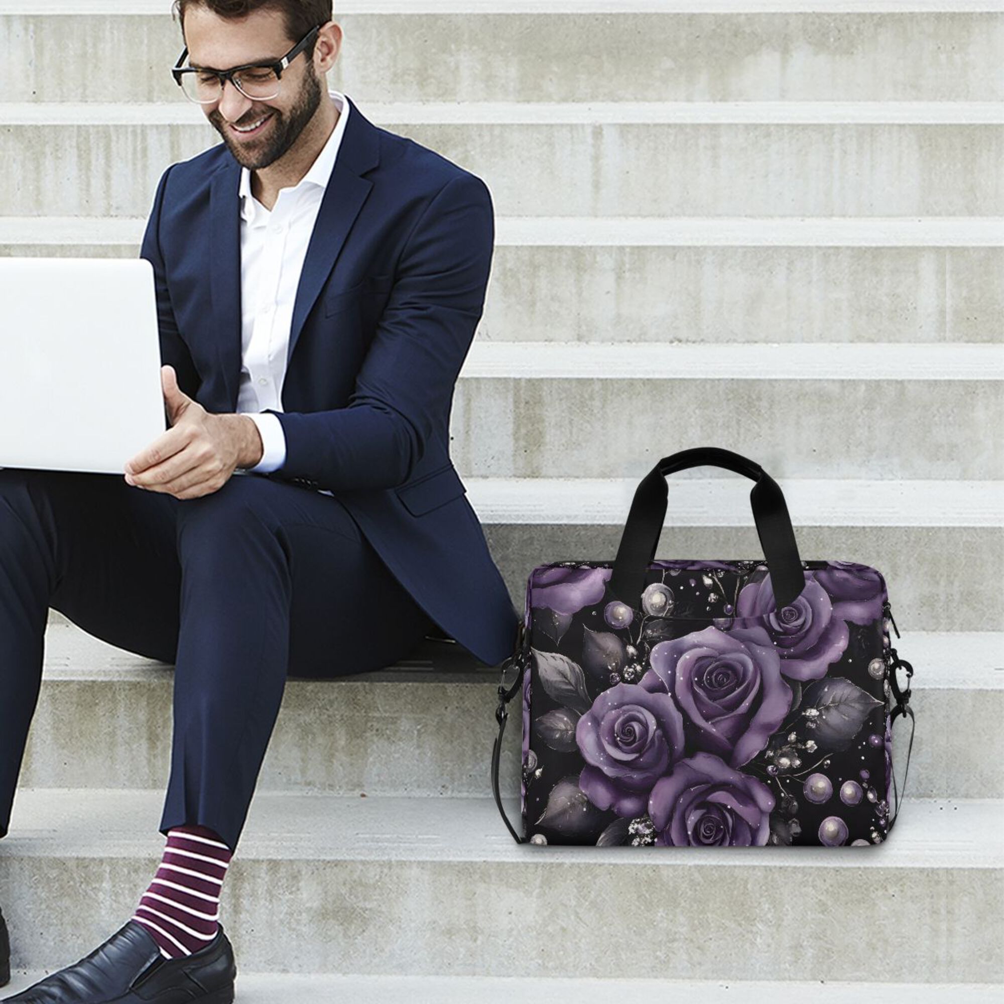 FORMRS 16" Laptop Bag Carrying Sleeve Case with Handle Travel Shoulder Briefcase, Purple Roses