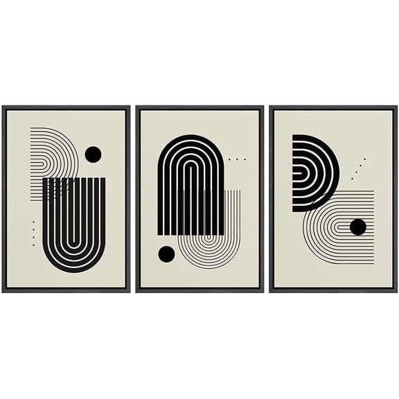 PixonSign Framed Canvas Print Wall Art Set Geometric Black Circle Arch Variety Abstract Shapes Illustrations Modern Art Minimalism Decorative for Living Room, Bedroom, Office - 16"x24"x3 Black
