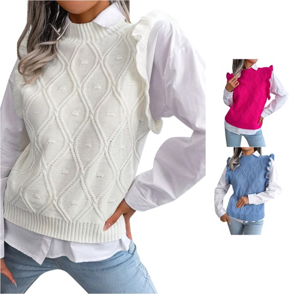 Jane Wardrobe Womens Sweater Vest Ruffle Sleeve Edge Round Neck Diamond Cable Knit Sleeveless Waistcoat 1 Piece S-XXL Plus Size Friendly Autumn Winter Elegant Layering Top