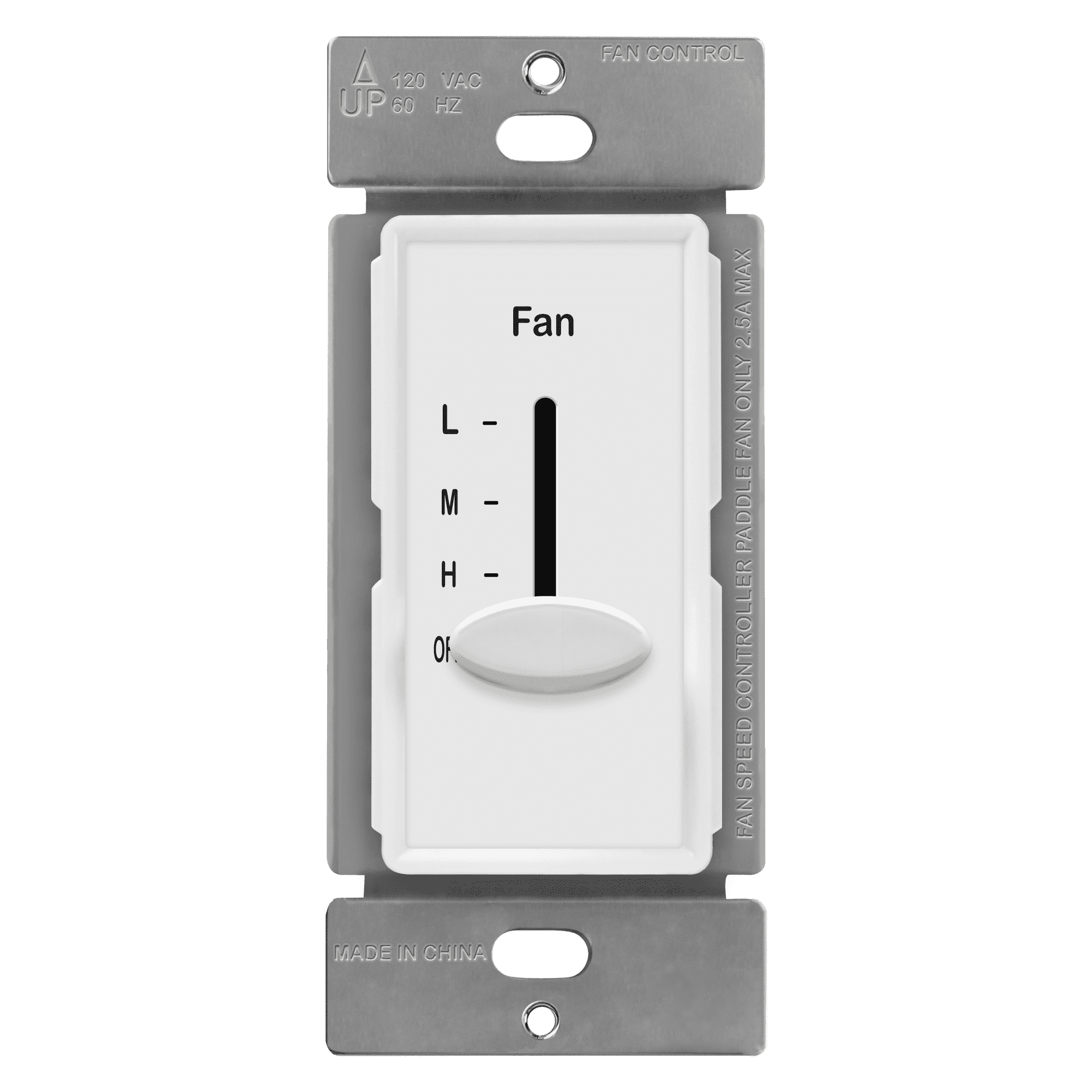ENERLITES 3 Speed In Wall Ceiling Fan Control, Slide switch, 120VAC, 2.5A, Single-Pole, Neutral Wire Required, 17000-F3-W-F , White