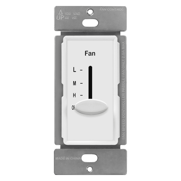 ENERLITES 3 Speed In Wall Ceiling Fan Control, Slide switch, 120VAC, 2.5A, Single-Pole, Neutral Wire Required, 17000-F3-W-F , White