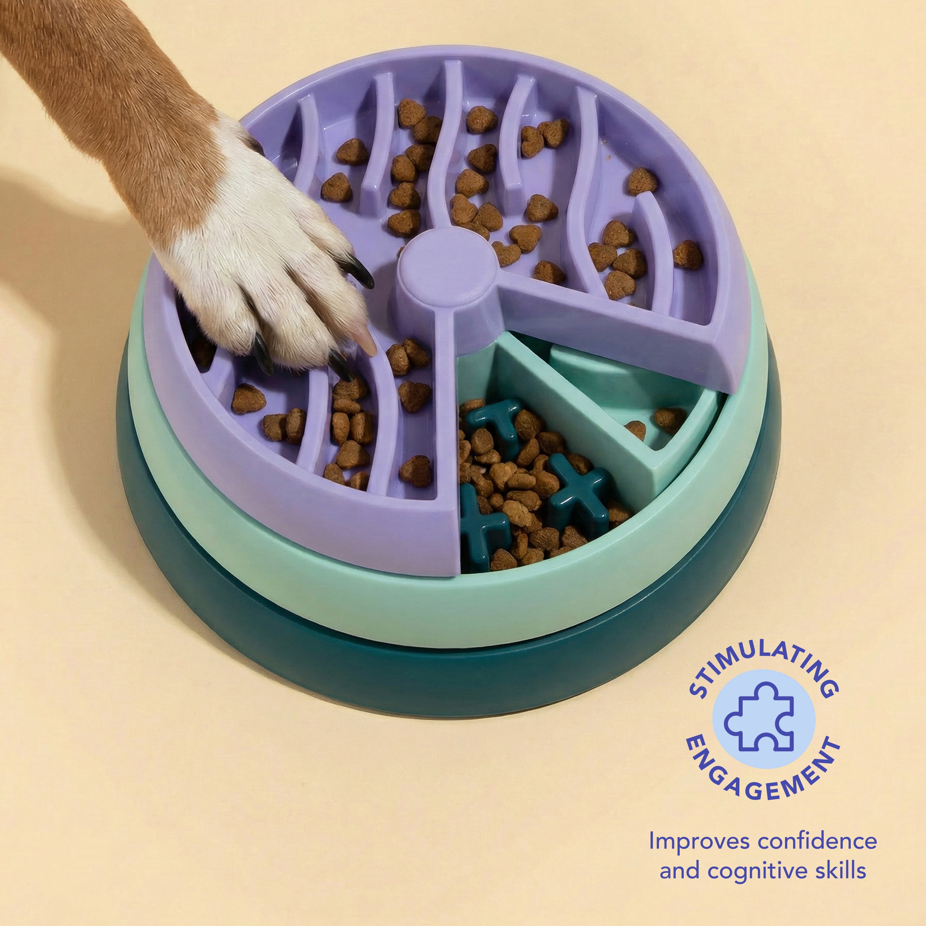 Oodles Durable Plastic Tripler Layer Enrichment Slow Feeder Bowl for Dogs, Blue, One Size