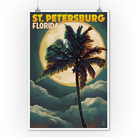 St Petersburg Tag Office St. Petersburg, Florida - Palms & Moon - Lantern Press Poster (9x12 Art Print, Wall Decor Travel Poster) ()