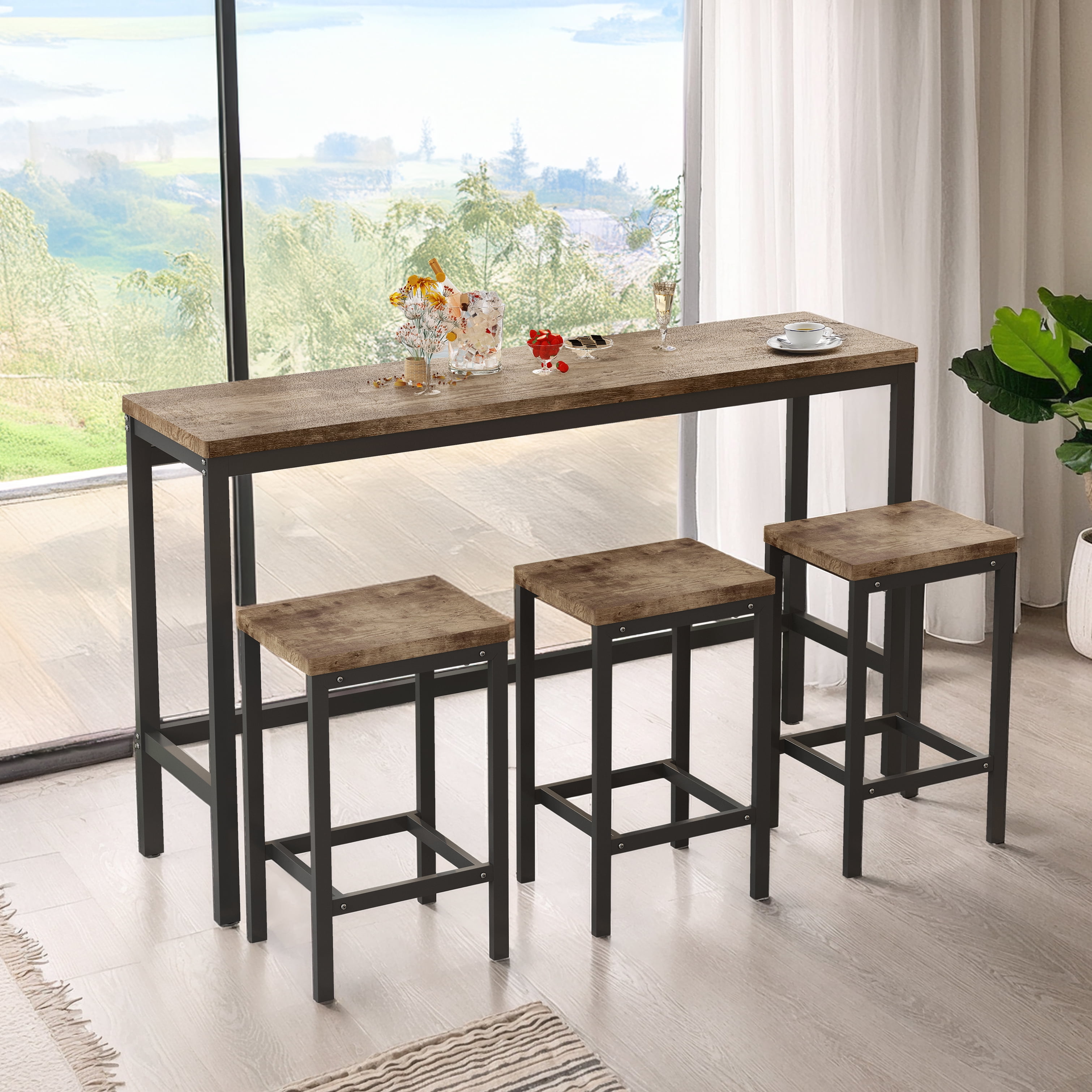 BSHTI 60.24" MDF Dining Room Table Set with Metal Frame, 3 Stools, Space-Saving Design for Kitchen Dining Room(Natural)