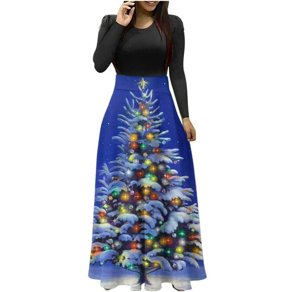 Fesfesfes Women Dress Christmas Tree Print Long Sleeve Round Neck Long Dress Beach Casual Maxi Sundress or