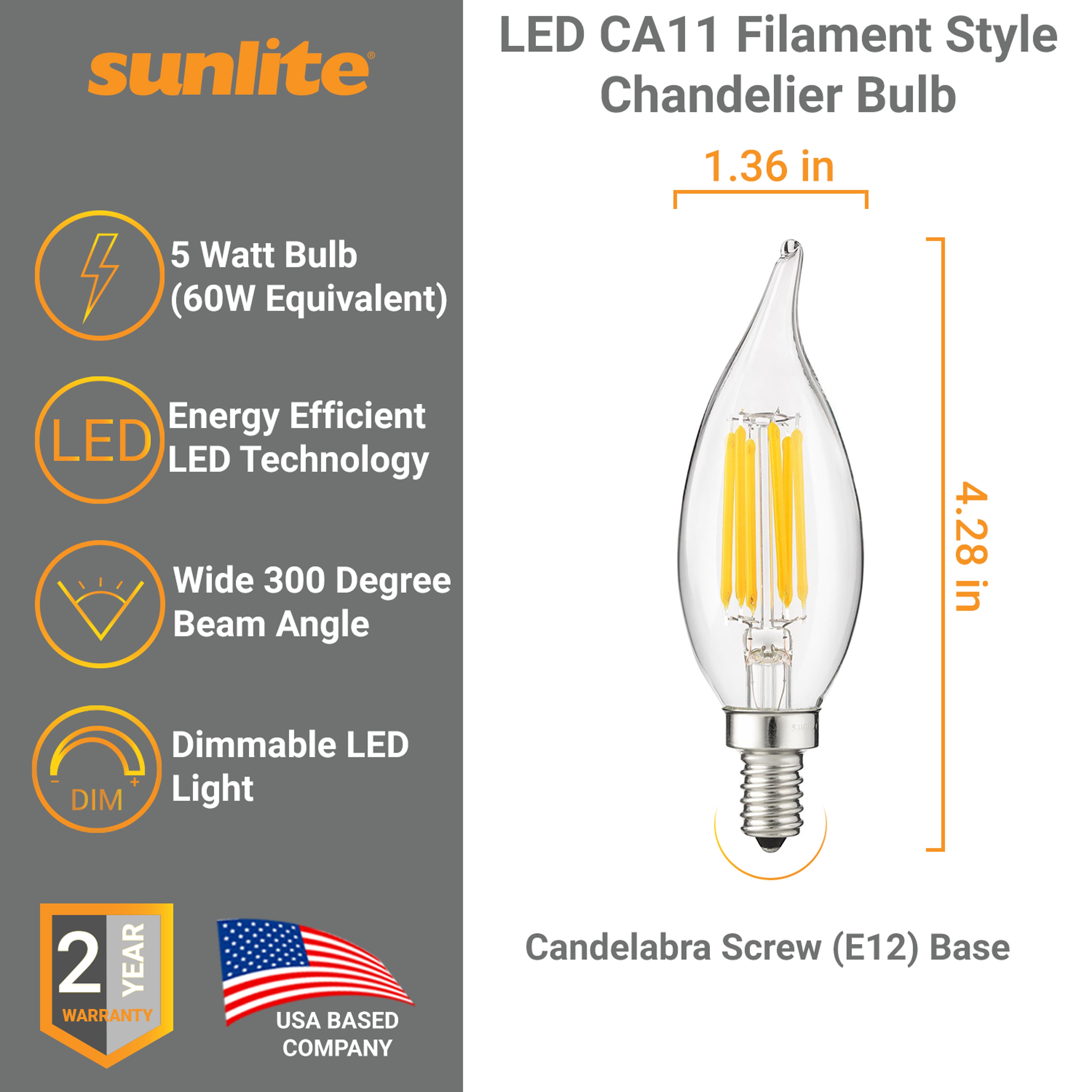 Sunlite LED Filament CA11 Flame Tip Chandelier Light Bulb 5 Watts (60W Equivalent), Candelabra E12 Base, Dimmable, UL Listed, 4000K Cool White, 6 Pack