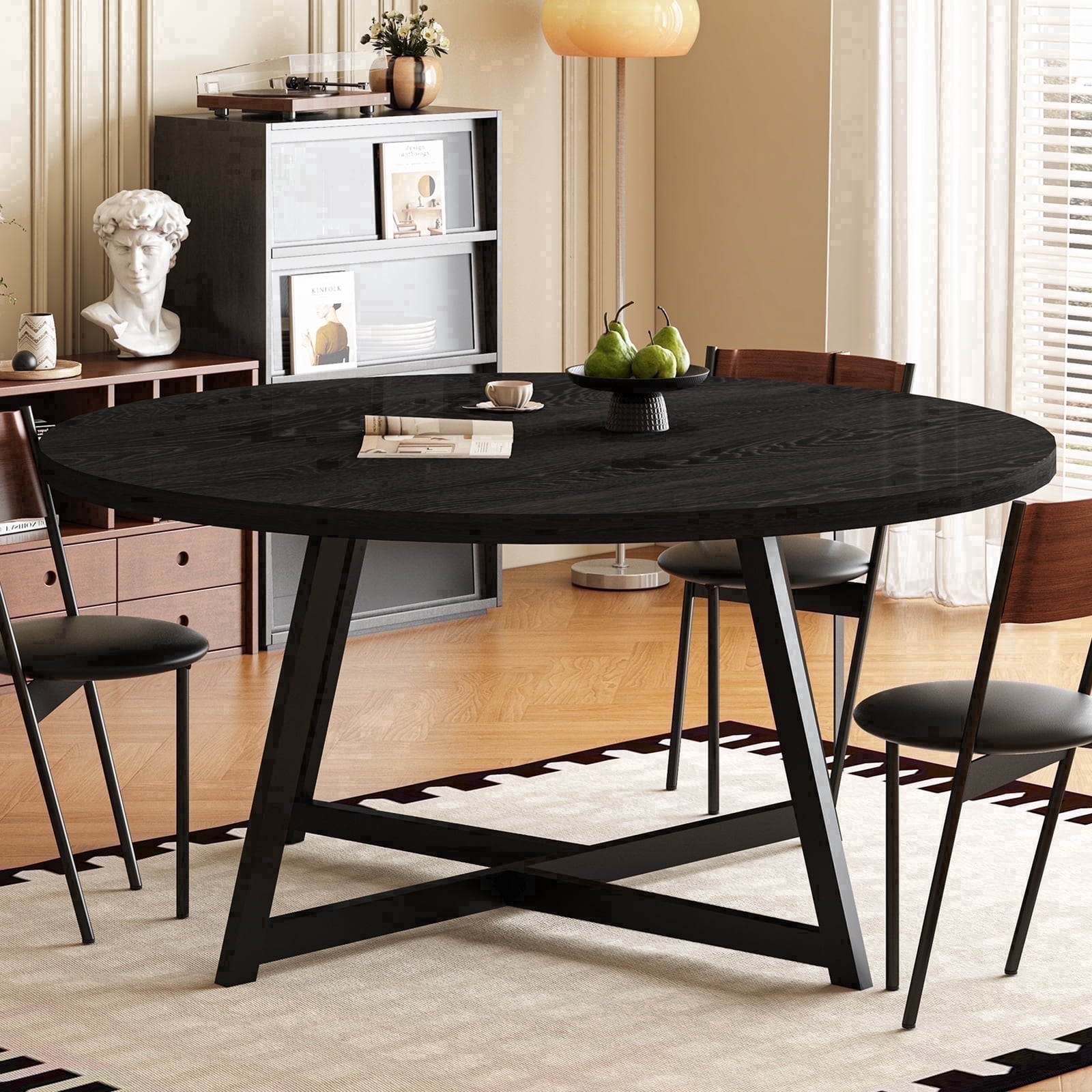 JassmiPkwy Round Dining Table for 4-8 People,Kitchen Dining Room Circle Dinner Pedestal Table,Space Saving Wood Kitchen & Dining Room Furniture (Black, 59In)