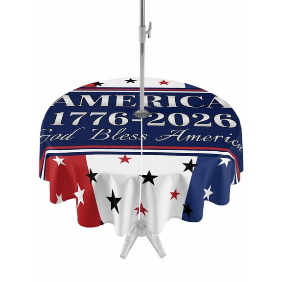 Outdoor Tablecloth with Umbrella Hole and Zipper, America Flag Waterproof Patio Tablecloth for Dining Round 54'', Red Blue White Star Independence Day Wipeable Table Cover for Picnic BBQ Party Patio