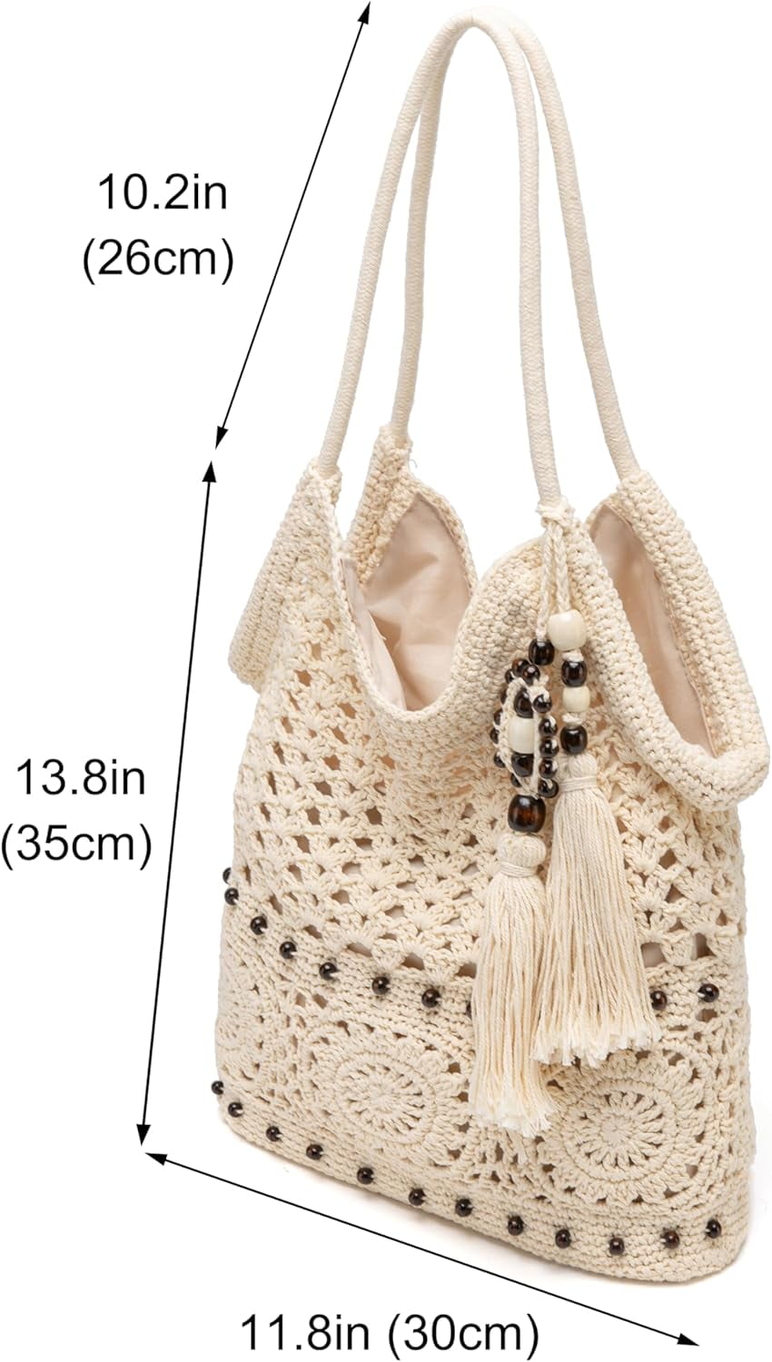 Crochet Hobo Bag for Women Boho Woven Tote Bag Summer Vacation Beach Handbags Bohemian Shoulder Purse with Tassels