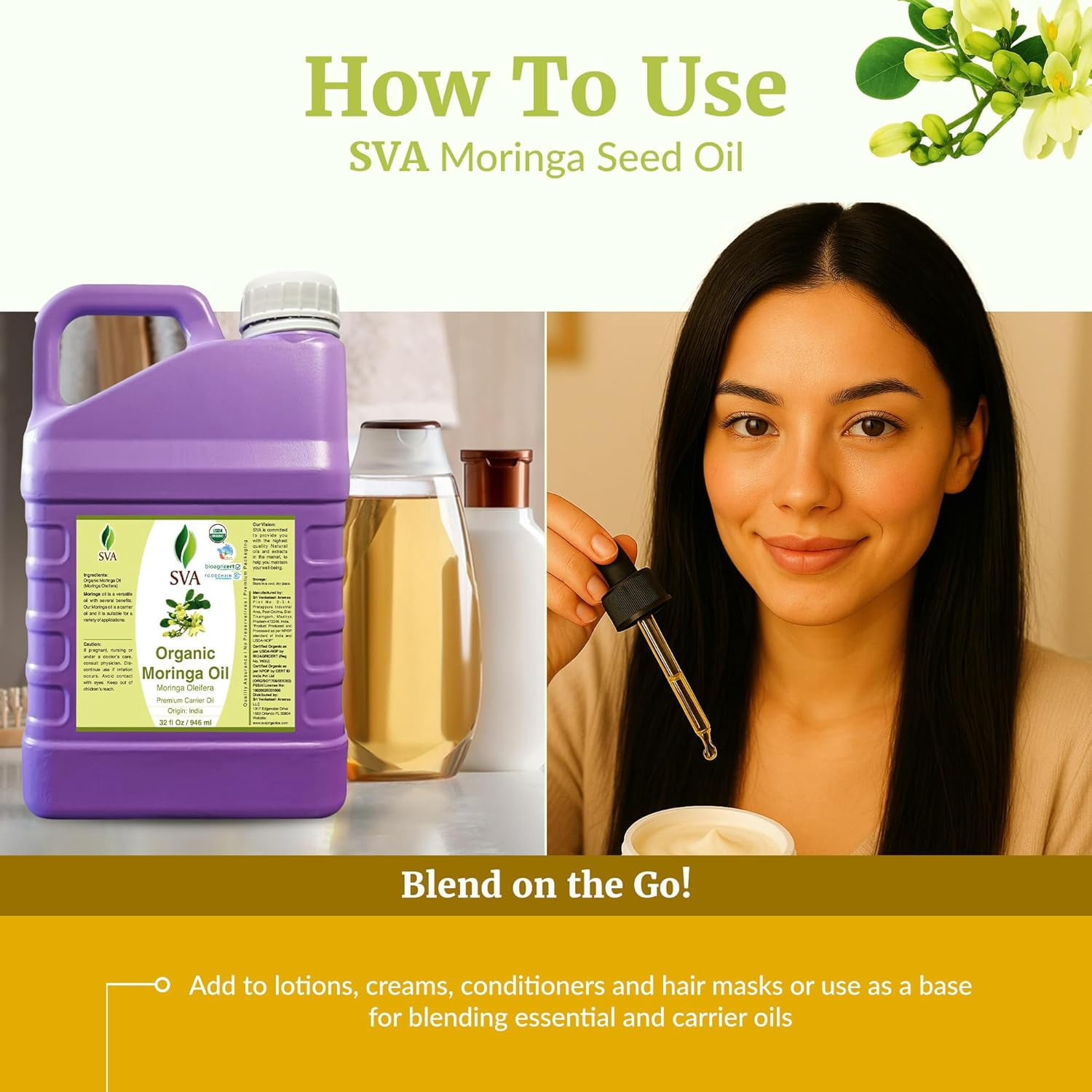 SVA Moringa Seed Oil Organic - 32 Fl Oz – 100% Natural Cold Pressed Moringa Oil - for Face, Skin Care, Hair Care, Scalp Massage & Body Massage – Carrier Oil with Dropper