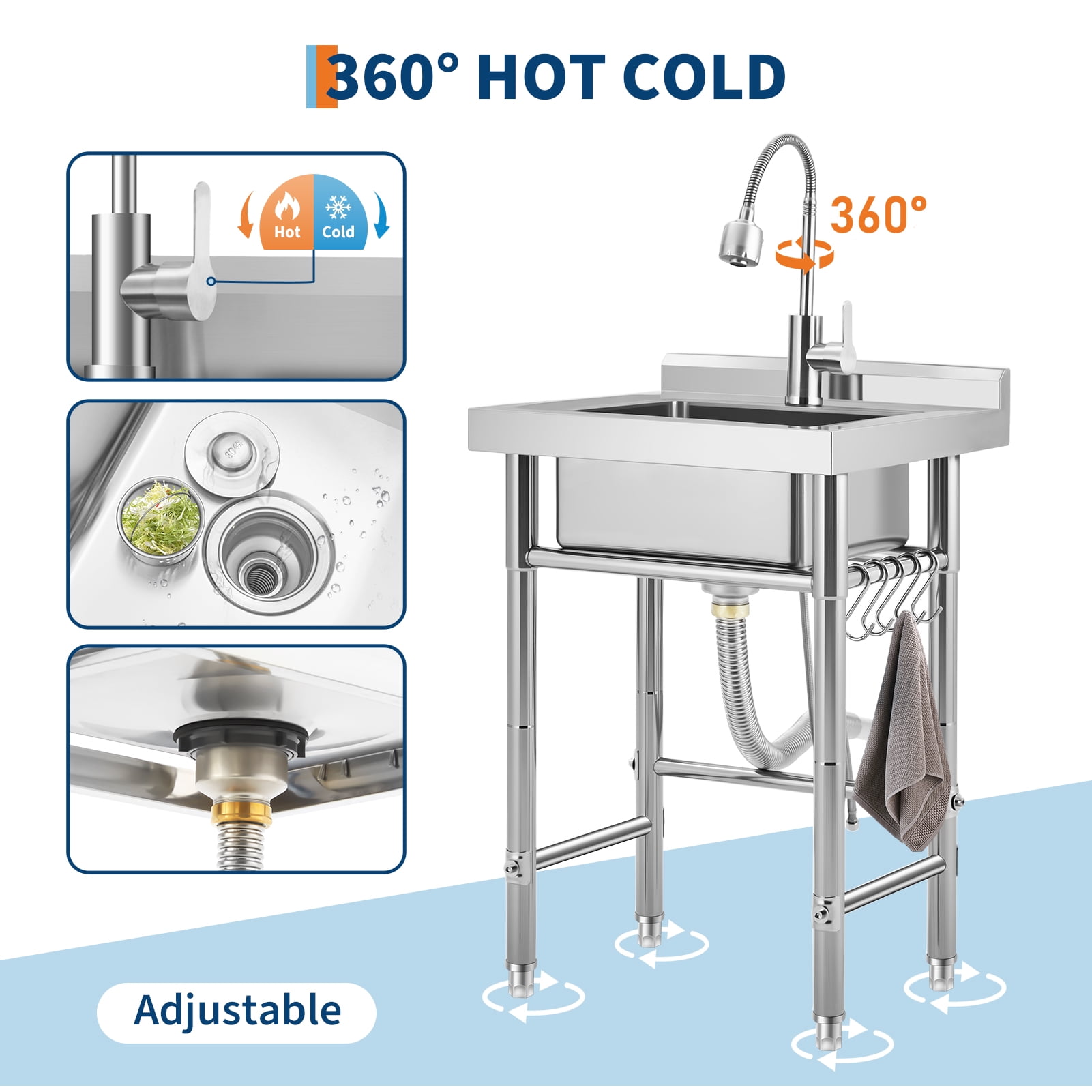 Amkui Stainless Utility Sink, Freestanding Outdoor Sink with Adjustable Legs, Storage Shelf,S-Hooks & Hot Cold Water Pipes, Kitchen Single Stainless Sinks for Laundry, Garage