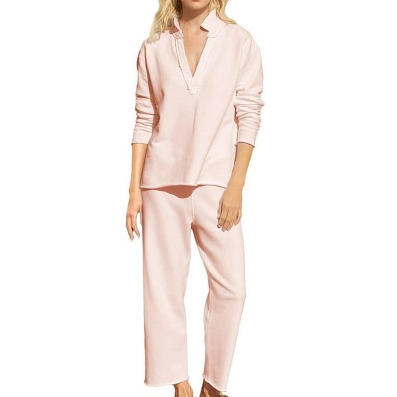 DondPO Women's Sweat Suits 2 Piece Set,Sets For Women 2 Piece Outfits V Neck Pullover Sweatshirts Travel Tracksuit Set,Lounge Sets for Women,Two Piece Sets for Women Fall Pink L