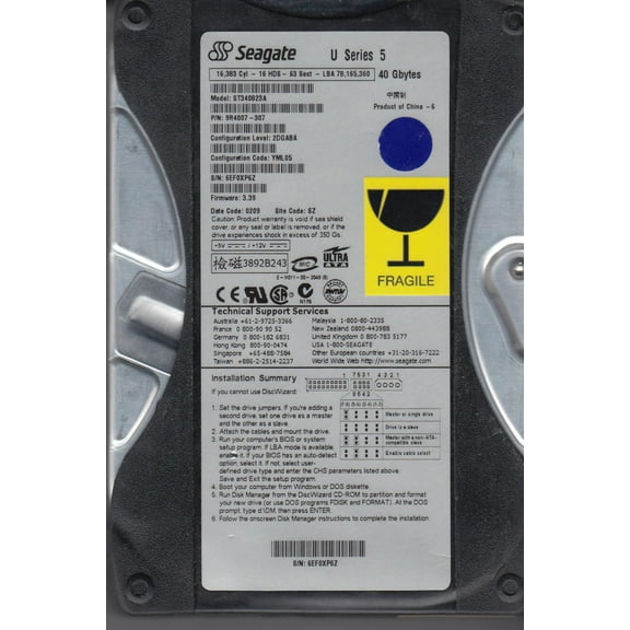 ST340823A, 6EF, SZ, PN 9R4007-307, FW 3.39, Seagate 40GB IDE 3.5 Hard Drive