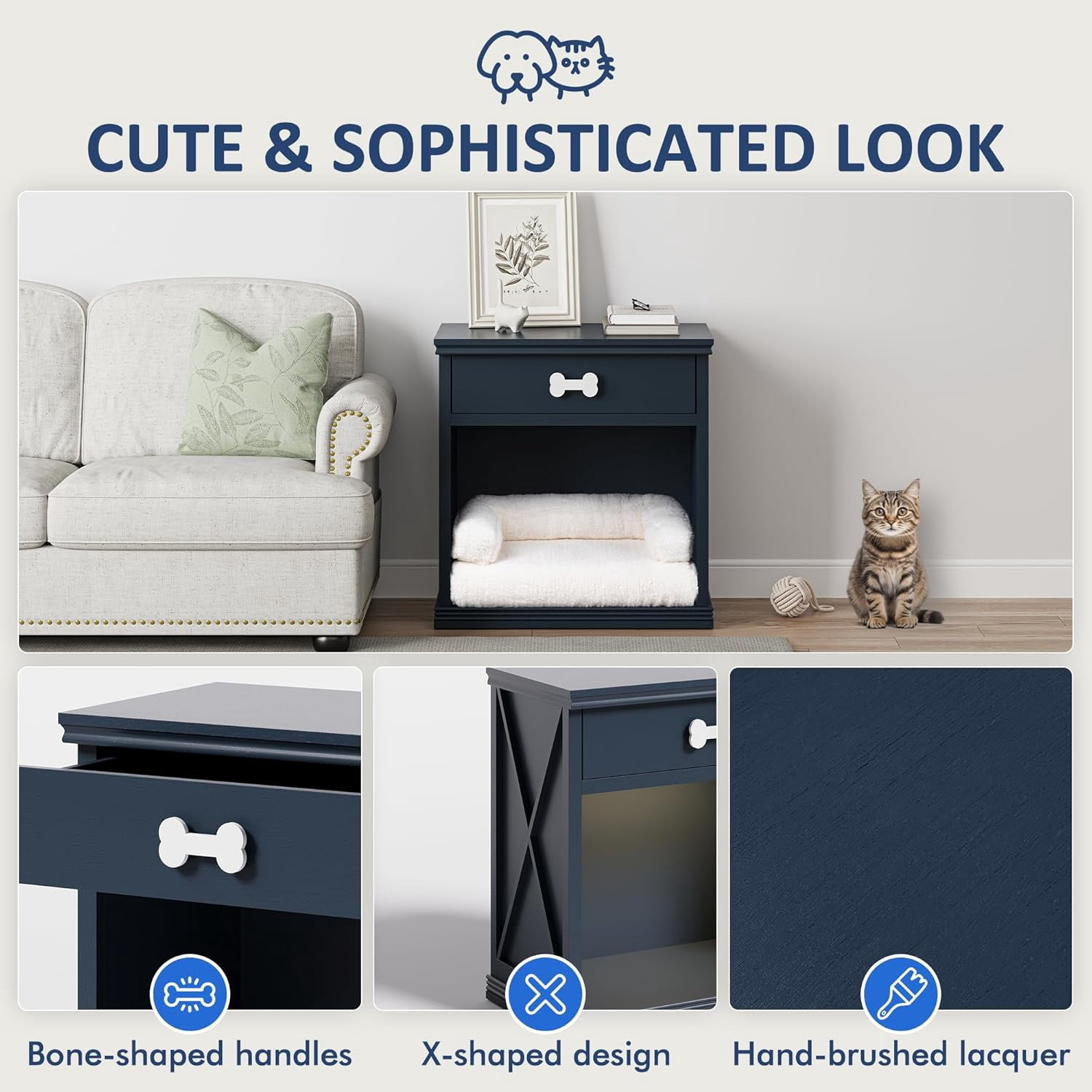 CozyHome Vintage Small Storage Cabinet with Led Light and Pet Bed, Hidden Cat Litter Box with Drawer and Semi-Open Space, Multi-Functional Nightstands with Pet House for Living Room, Bedroom, Blue