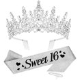 thumbnail image 1 of wonima11 16th Birthday Crown and Sash Set - Silver Tiara and Glitter Sash - One Size Fit All - Perfect for Girls and Women - Sweet 16 Birthday Party Gifts, 1 of 1