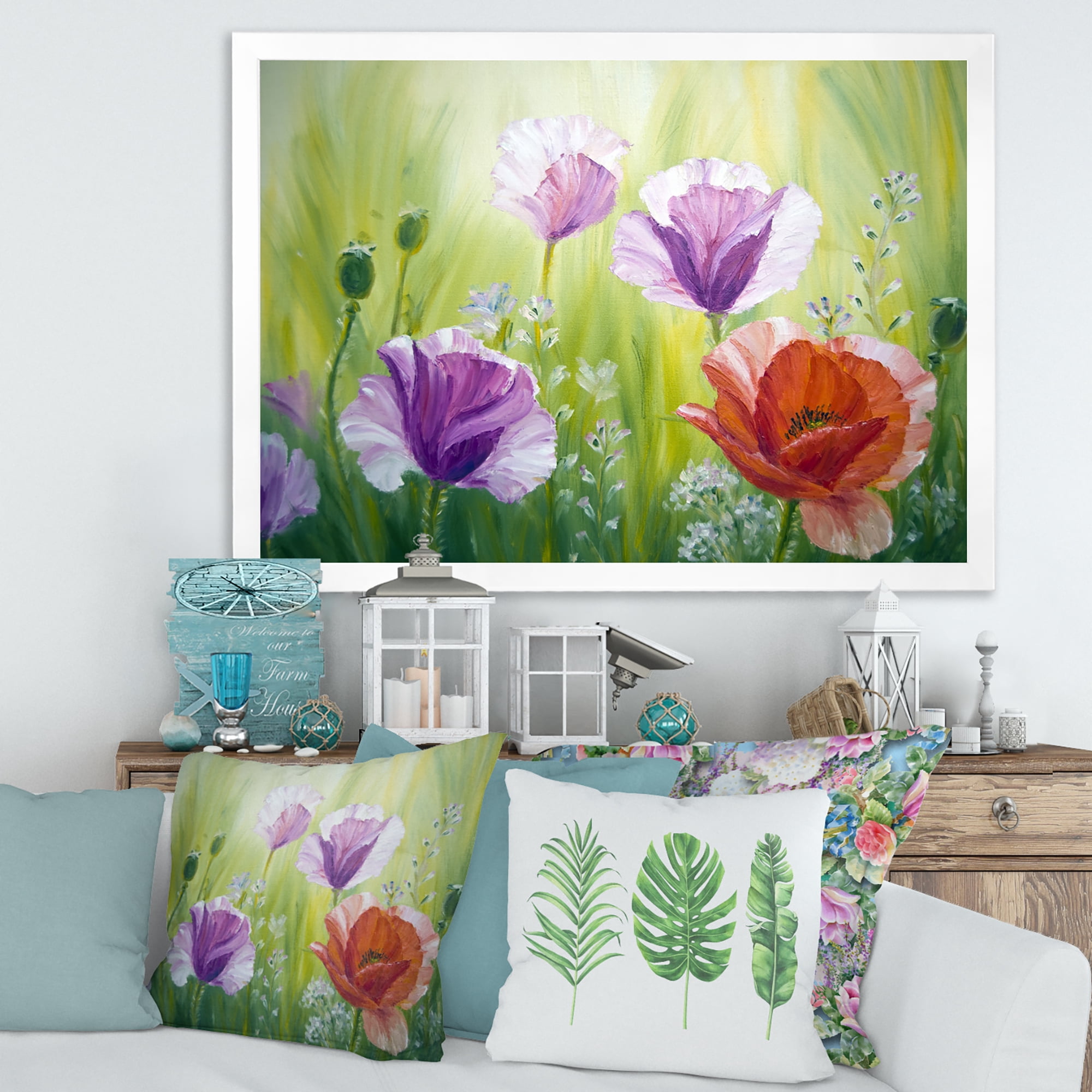 Designart 'Blossoming Red and Purple Poppies In The Morning II' Traditional Framed Art Print