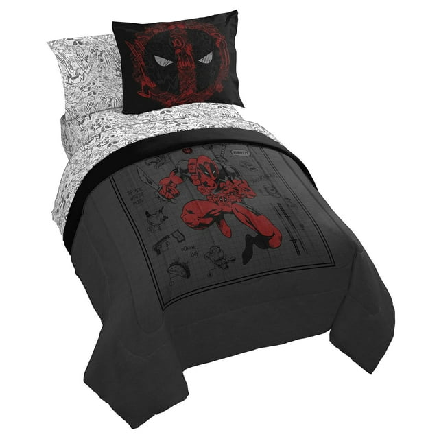 Jay Franco Marvel Deadpool Ensemble de Douillette Format Double - Literie 7 Pcs Incluant Ensemble de Draps et Taies d'Oreiller - Literie Grise et Rouge Super Douce et Confortable