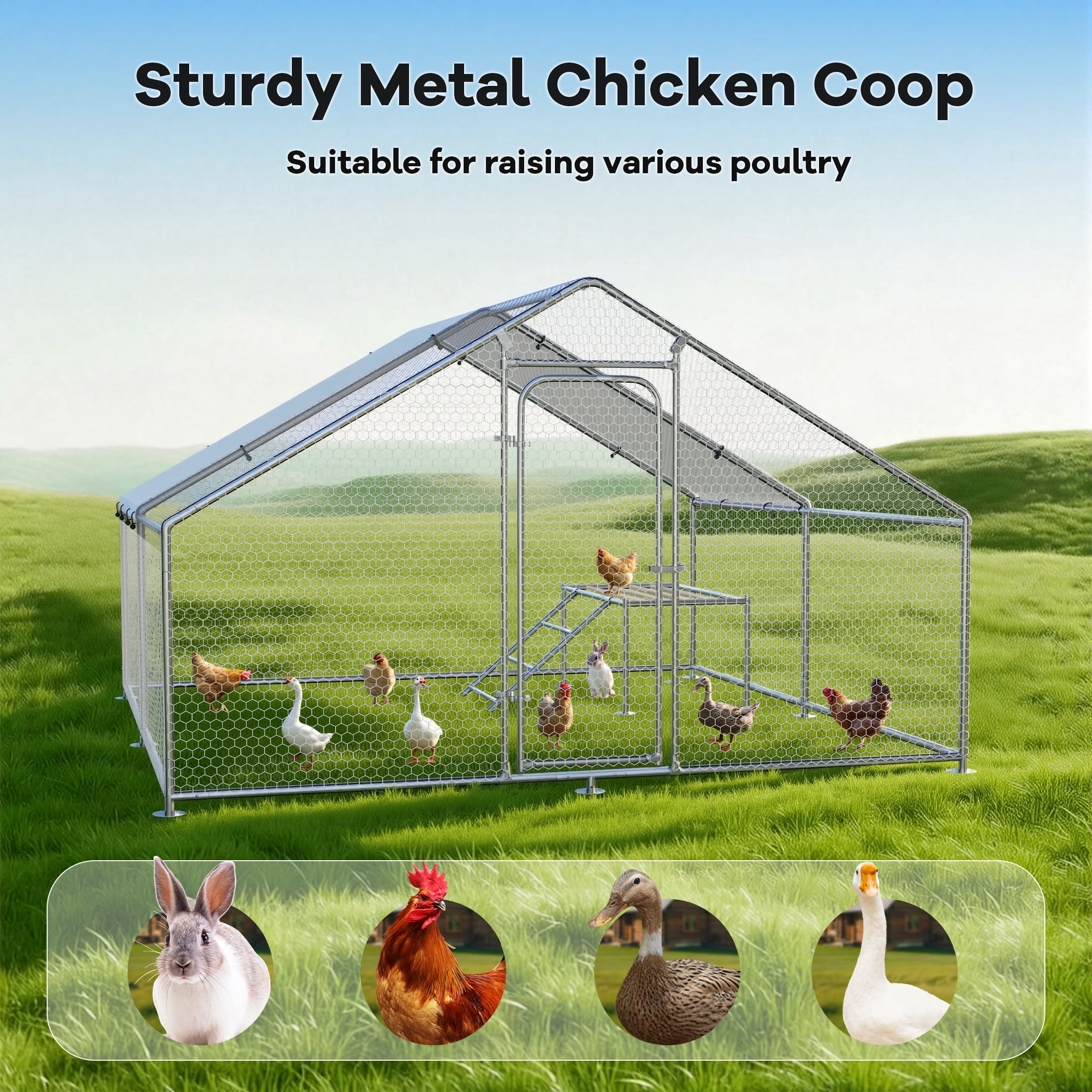 YOKWOK 13.2'Lx10'W Large Metal Chicken Coop for 8-12 Chickens, Walk-in Poultry Cage with Waterproof Cover & Chicken Perch, Heavy Duty Chicken Run for Outdoor Backyard Farm Use, Spire Roof