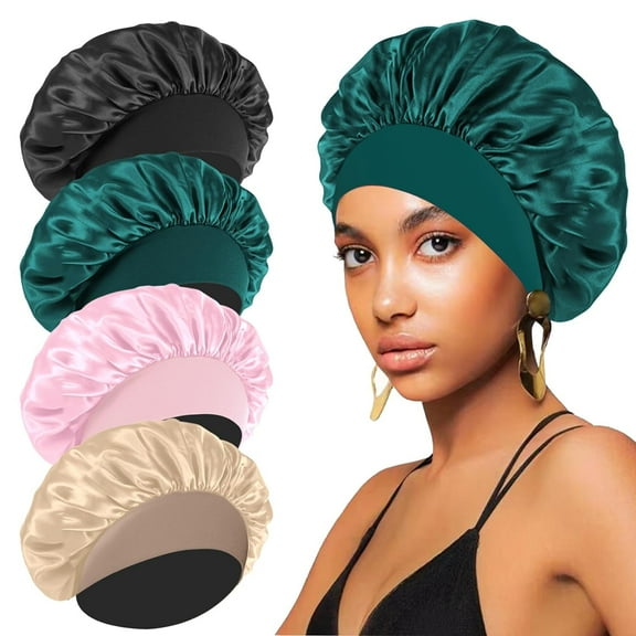 Dihmpor 4PCS Silk Satin Bonnets for Black Women  - Elastic Wide Band Hair Wrap Cap for Curly Hair - Shower Cap for Sleeping (Black, Peacock Blue, Pink, Khaki)