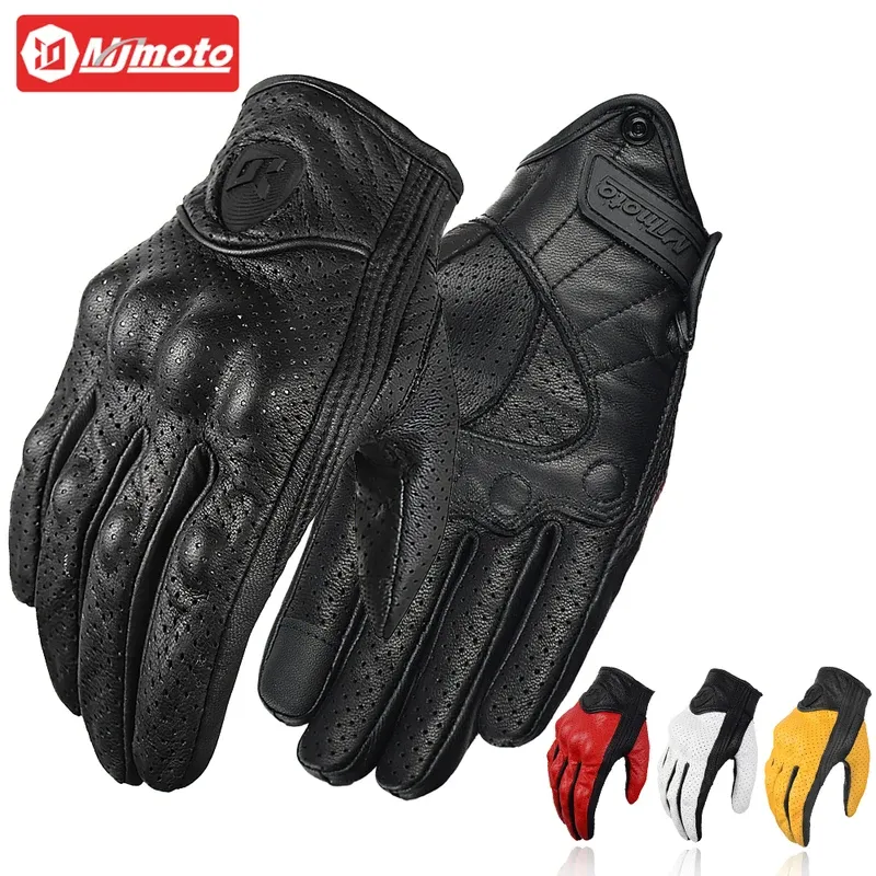 MJMOTO Vintage Leather Motorcycle Cycling Gloves Touchscreen Offroad Hard Shell Protection Motorbike Glove Comfort Breathable