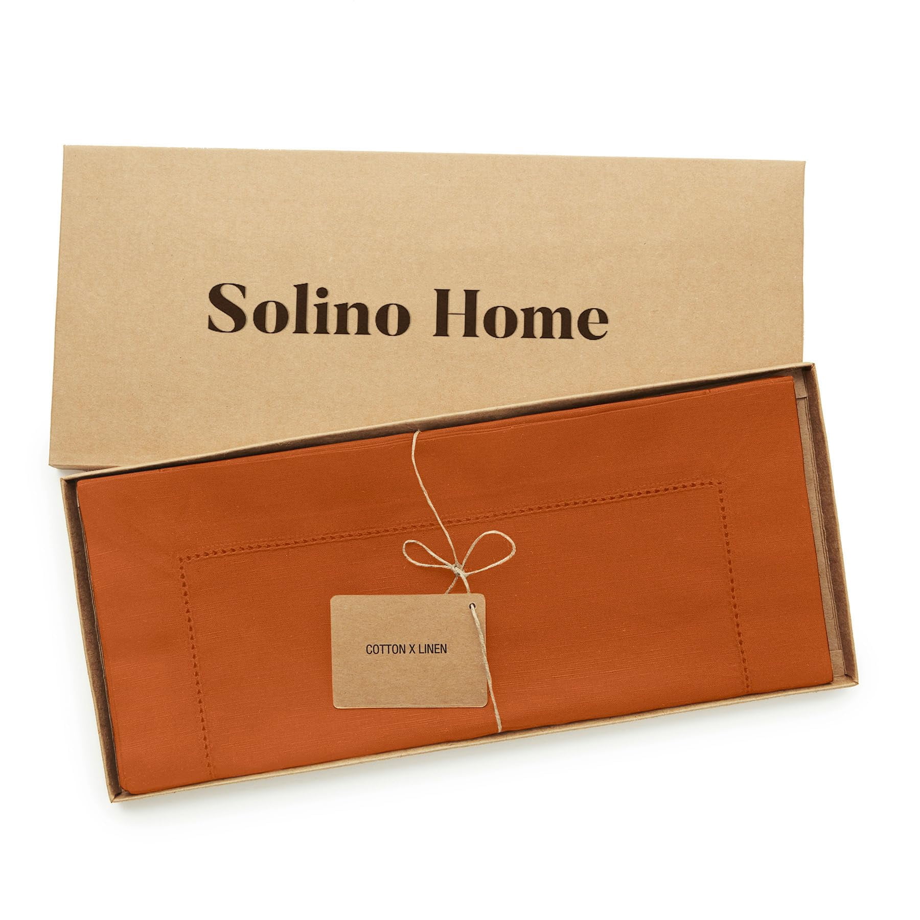Solino Home Cotton Linen Cinnamon Table Runner 120 Inches Long - Hemstitch 14 x 120 Inch Table Runner for Mothers Day - Handcrafted and Machine Washable