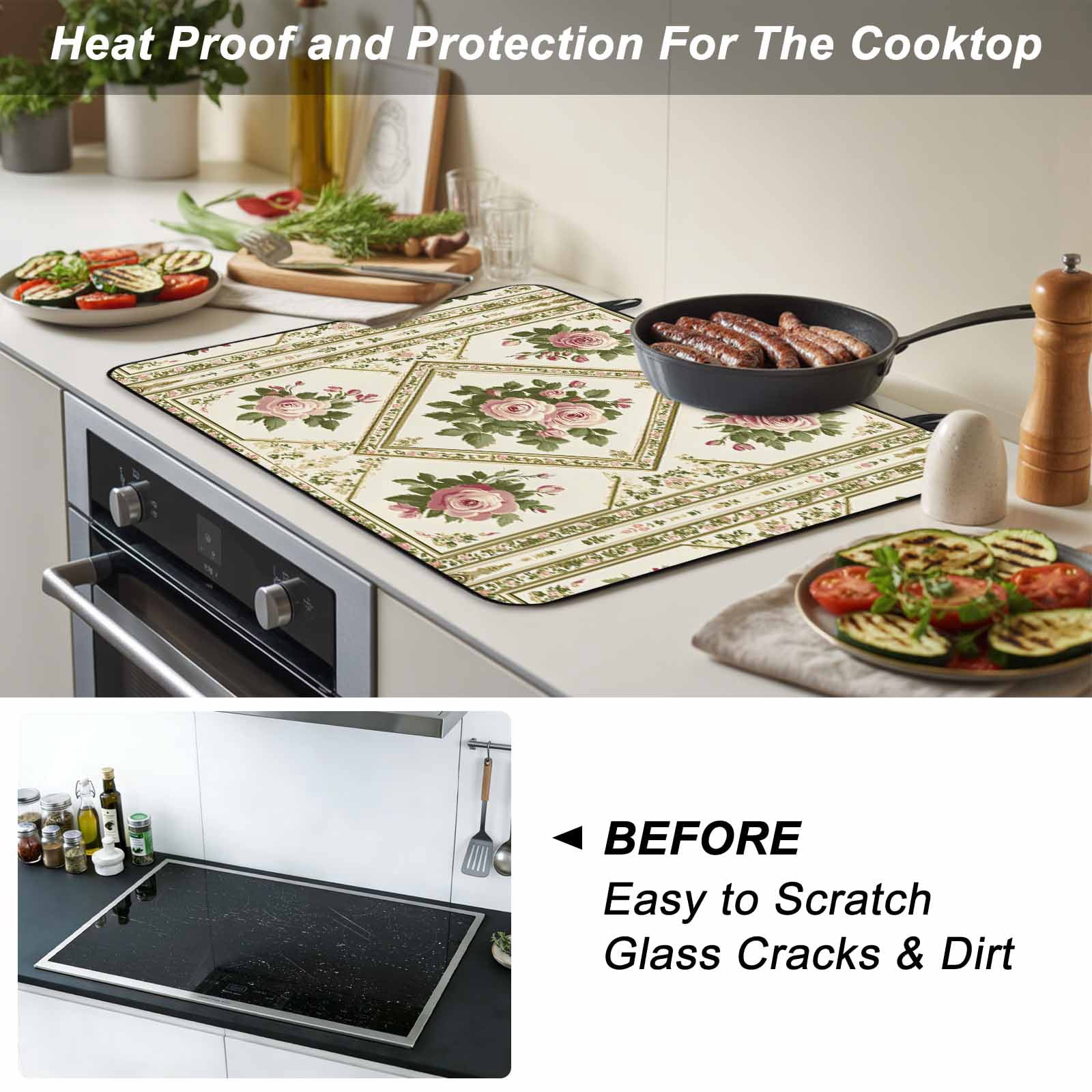 Boho Pink Floral Stove Top Cover for Electric Stove, Heat-proof & Non Slip Glass Top Stove Cover Protector, Spring Vintage Flower Green Leaf Kitchen Flat Cooktop Rubber Mat 24x21 Inches