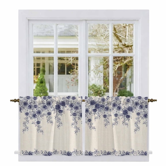 Vintage Navy Blue Roses Tier Curtains 24 Inch Length, Spring Floral Elegant Pastoral Retro Cafe Short Curtains for Bathroom Sink, Small Kitchen Curtain Light Filtering Drapes 2 Panels 27.5"Wx24"L