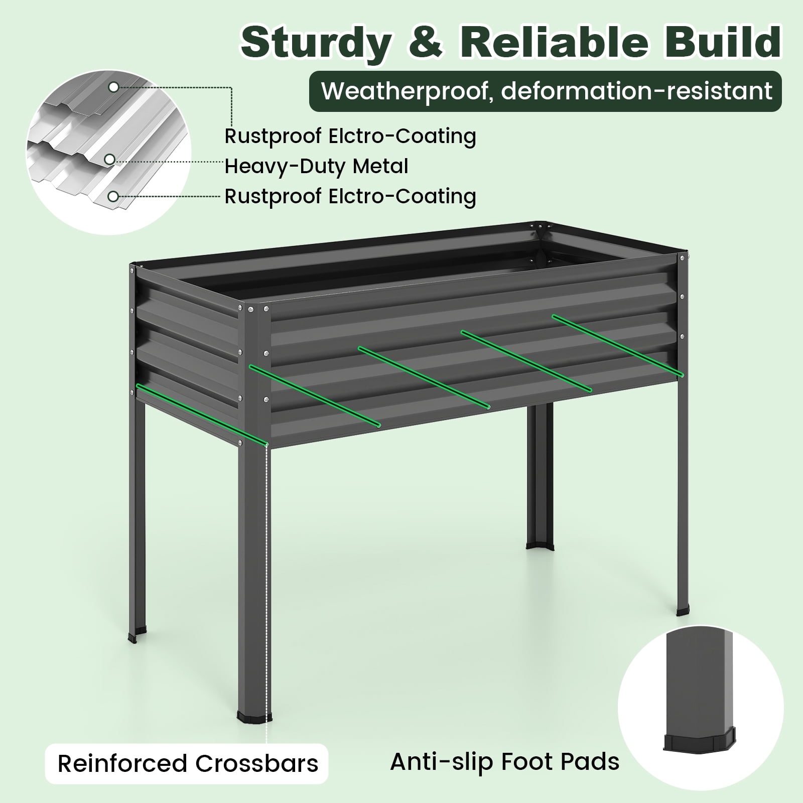 Costway 1 PCS Galvanized Raised Garden Bed with Legs Greenhouse Cover Roll-up Door for Vegetable Gray