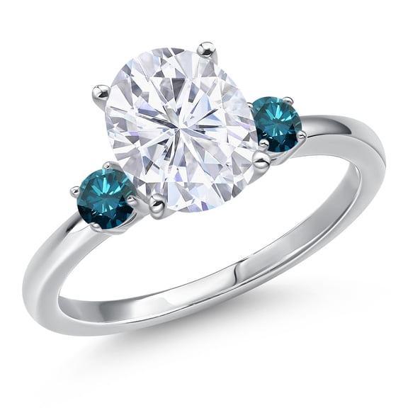 Gem Stone King 14K White Gold White Moissanite and Blue Diamond Engagement Ring for Women | 3.20 Cttw | Oval 10X8MM | Gemstone Birthstone | Size 5