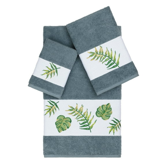 Authentic Hotel and Spa Turkish Cotton Palm Fronds Embroidered Teal Blue 3-piece Towel Set