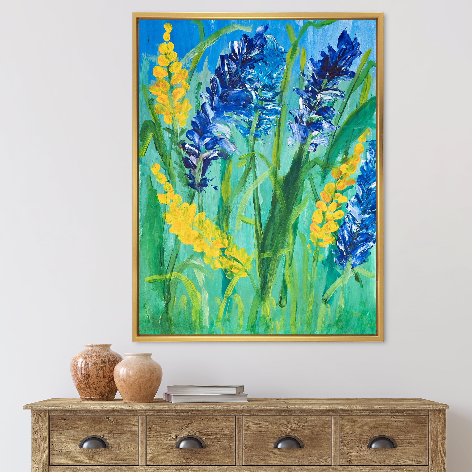 Designart 'Yellow and Blue Wild Flowers and Grass Gouache' Traditional Framed Canvas Wall Art Print