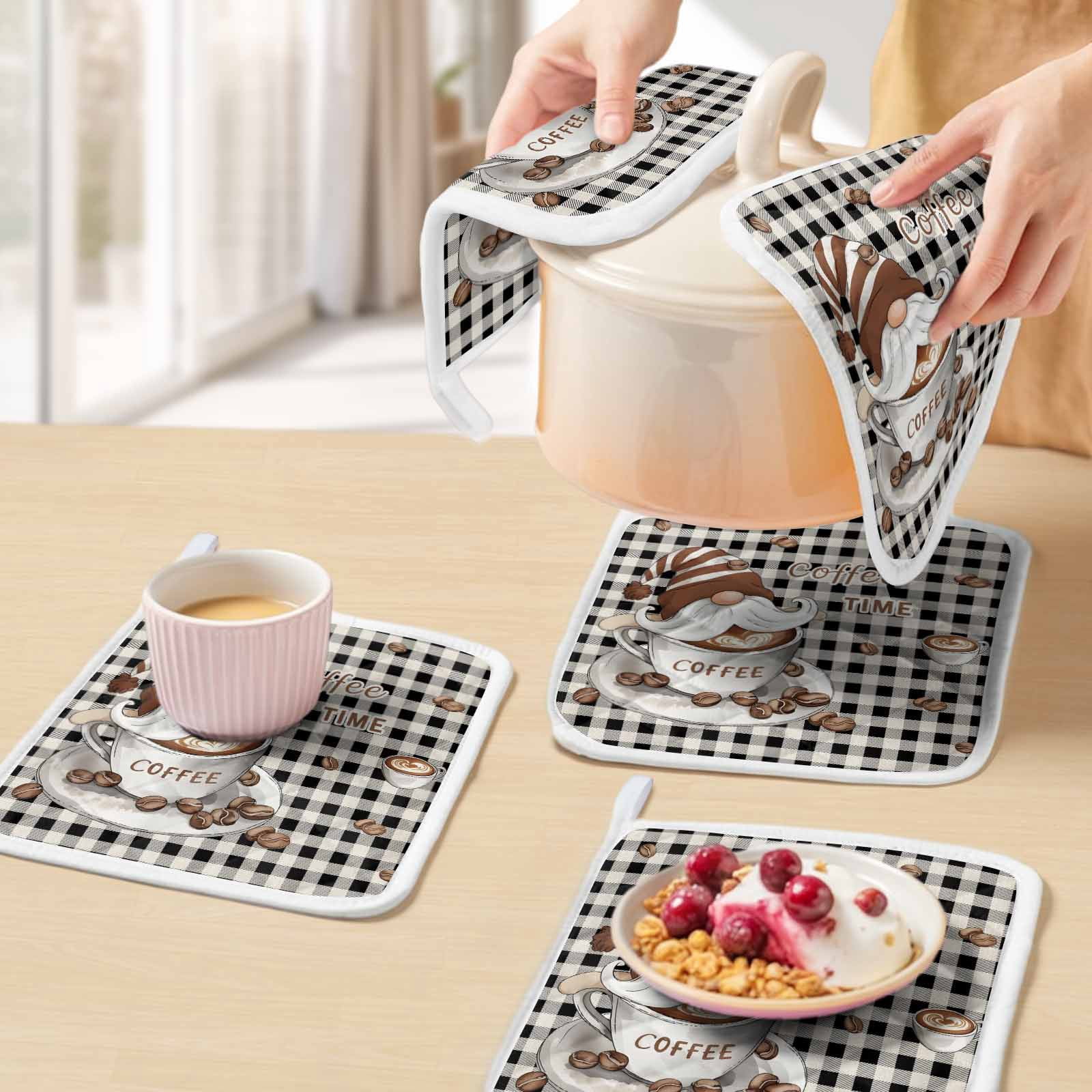 Coffee Gnomes Pot Holders for Kitchen Heatproof Potholder, 5 Pack Farmhouse Brown Bean Plaid Black Grey Hot Pads Multipurpose Oven Pads Cloth Potholders Trivet for Cooking Baking