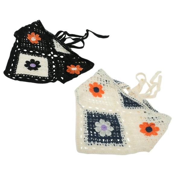 Unique Bargains 2 Pcs Triangle Bandana Small Flowers Knitted Turban Crochet Hair Scarf for Women Beige Black