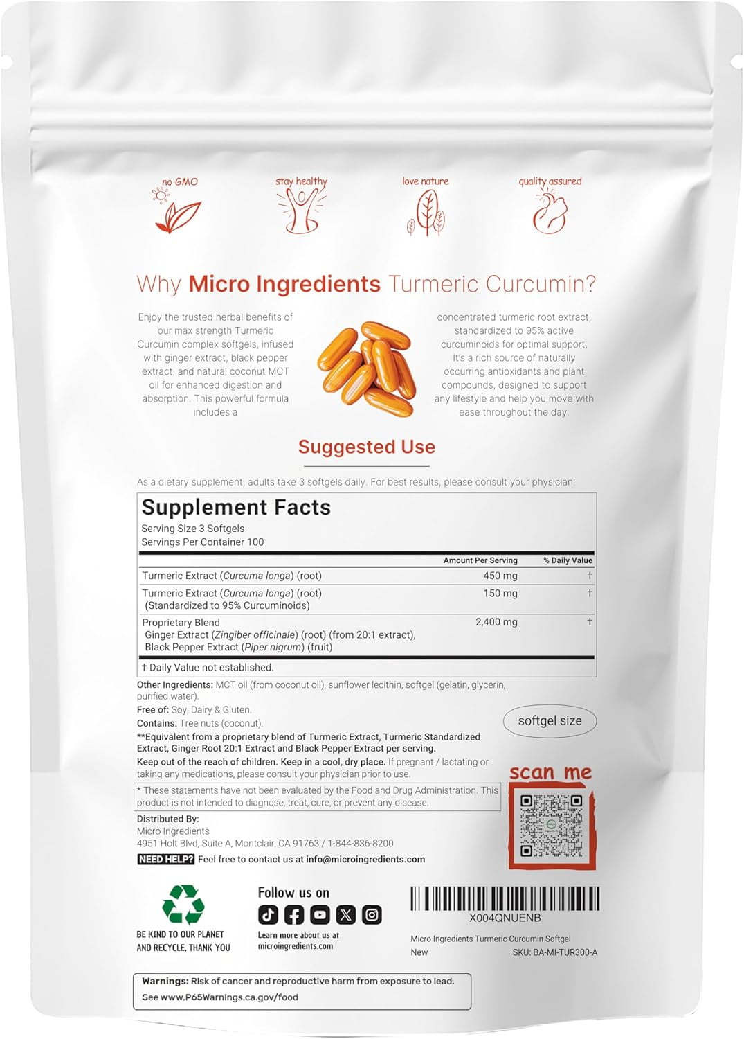 Micro Ingredients Turmeric Curcumin Supplement with Black Pepper & Ginger 3,000mg, 300 MCT Oil Softgels | 95% Curcuminoids