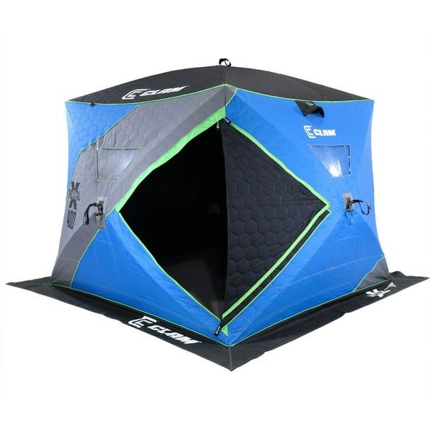 Clam X-400 Portable 8 Foot Pop Up Ice Fishing Thermal Hub Shelter Tent Clam Blue