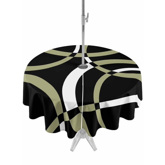 Outdoor Tablecloth with Umbrella Hole and Zipper, Black Geometric Round Table Cloth 54 Inch Waterproof Tablecloth, Modern Sage Green White Striped Art Picnic Table Cover for Patio Camping