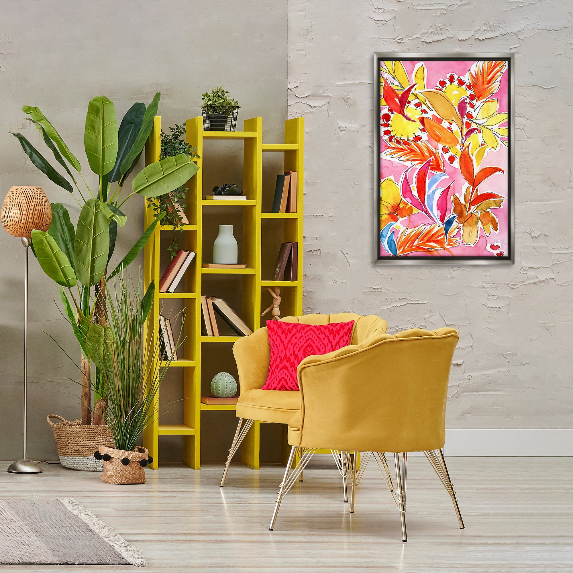 Stupell Industries Orange Botanicals on Pink Plants & Flowers Painting Gray Floater Framed Canvas Art Print Wall Art, 21 x 31