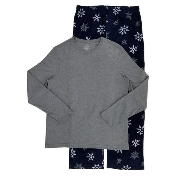 Mens 2 Piece Long Sleeve Shirt & Microfleece Snowflake Pants Pajama Sleep Set L