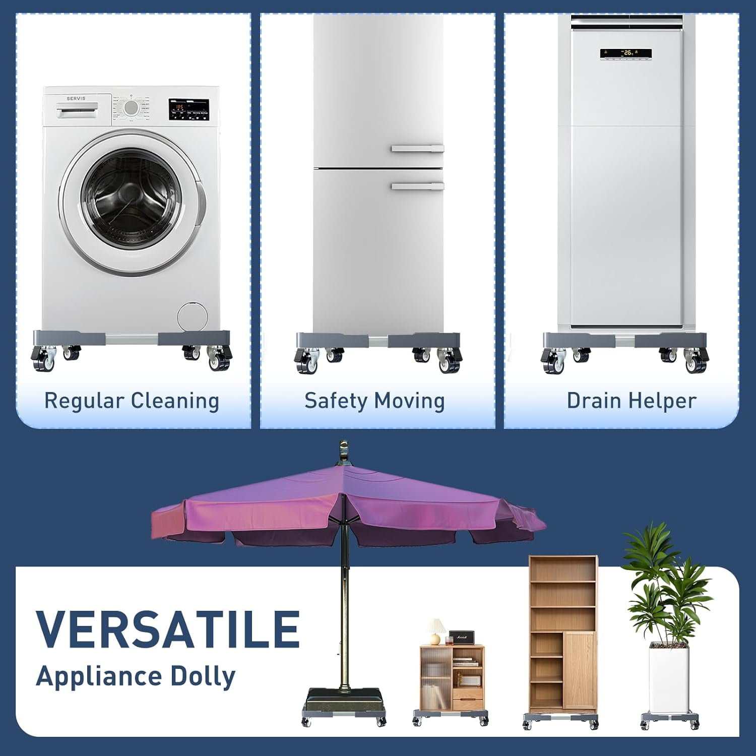 Appliance Dolly Cart, Mini Fridge Stand Furniture Dolly with 4 Twin Locking Wheels, Adjustable Furniture Mover Mobile Roller Base for Washing Machine, Dryer, Refrigerator, Laundry Pedestal
