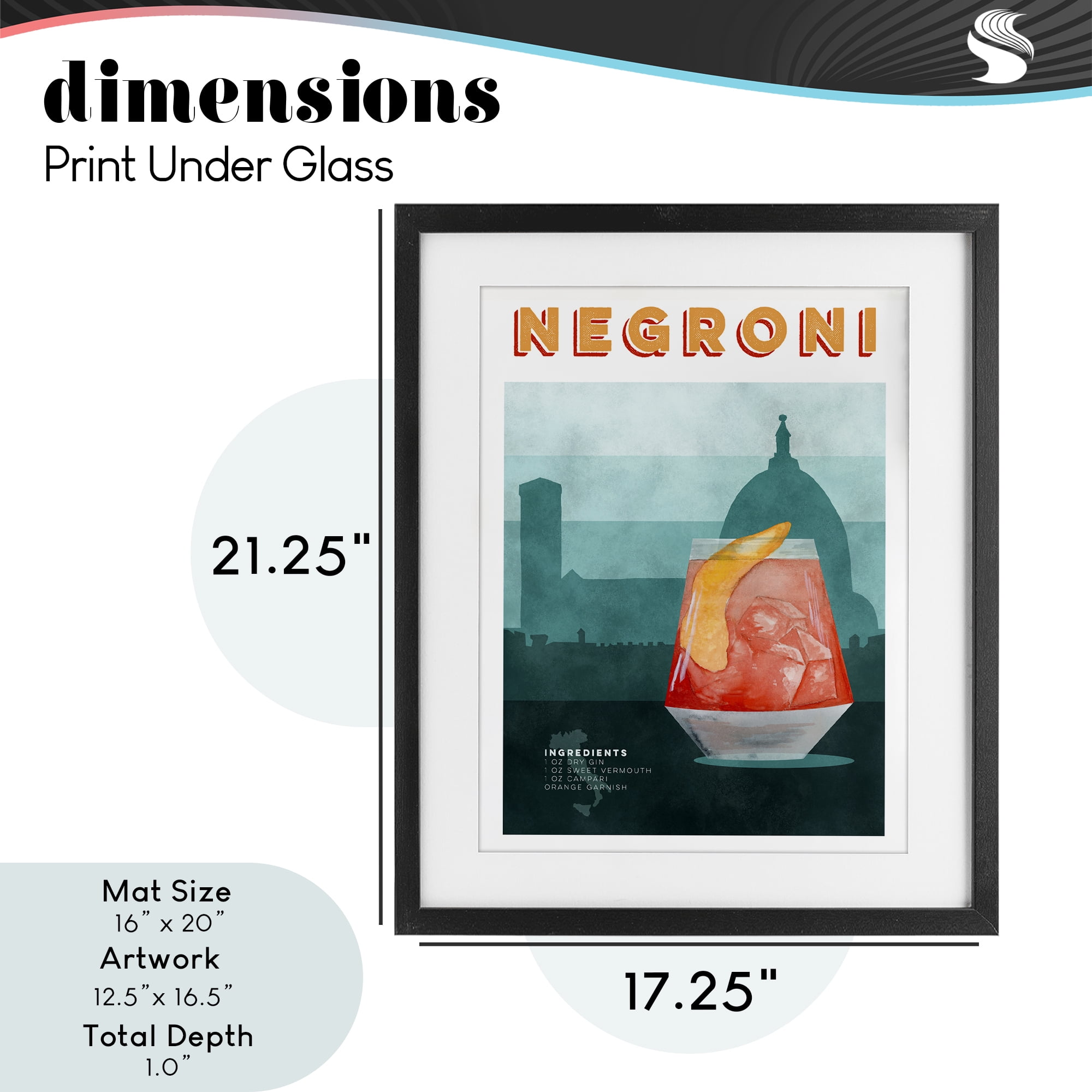 Retro Negroni & Architecture Black Framed Print Under Glass, design by Brett Blumenthal