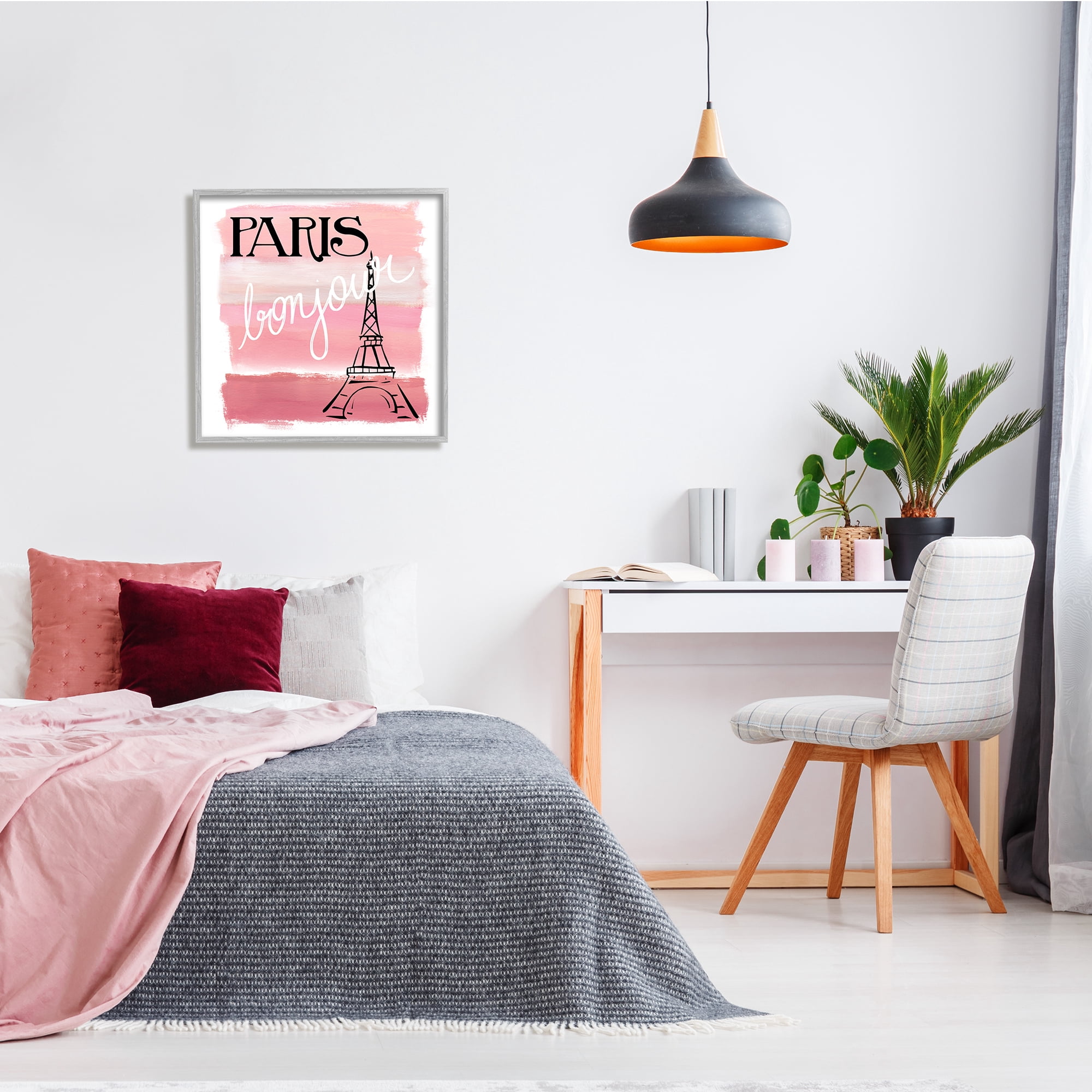 Stupell Industries Paris Bonjour French Eiffel Tower Abstract Pink Stripes, 24 x 24, Design by Nan