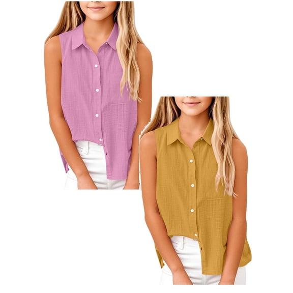 SGMVNU 2 Pack Girl's Button Down Sleeveless Blouse Summer Lapel Collar Tank Tops Casual Loose Cotton Linen Shirts, Size 15-16 Years, Purple & Yellow