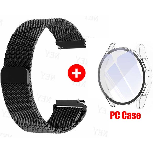 Glass Case+Strap for Samsung Galaxy Watch 7 6 5 4 40mm 44mm Milanese Loop 20MM Band PC Protector Cover Bumper Galaxy Watch 6 5 4 2pack black tra Galaxy Watch 6 40mm