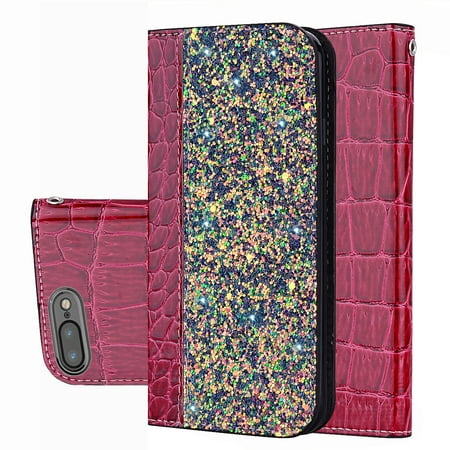iPhone 8 Plus/7 Plus Case,iPhone 8 Plus/iPhone 7 Plus Cover,Allytech Unique Bling Design PU Leather Wallet case with Wrist Strap Flip Folio Kickstand Cover for iPhone 8 Plus/iPhone 7 Plus,Winered