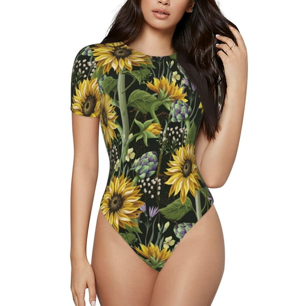 Balery Sunflowers Body de cuello redondo de manga corta para mujer Tops de manga corta Tops básicos-Medium