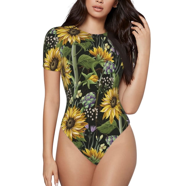 Balery Sunflowers Body de cuello redondo de manga corta para mujer Tops de manga corta Tops básicos-Medium