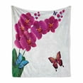 thumbnail image 1 of Orchids Soft Flannel Fleece Throw Blanket, Botanical Composition with Pink Orchid Bouquet and Flying Colorful Butterflies, Cozy Plush for Indoor and Outdoor Use, 70" x 90", Multicolor, by Ambesonne, 1 of 6