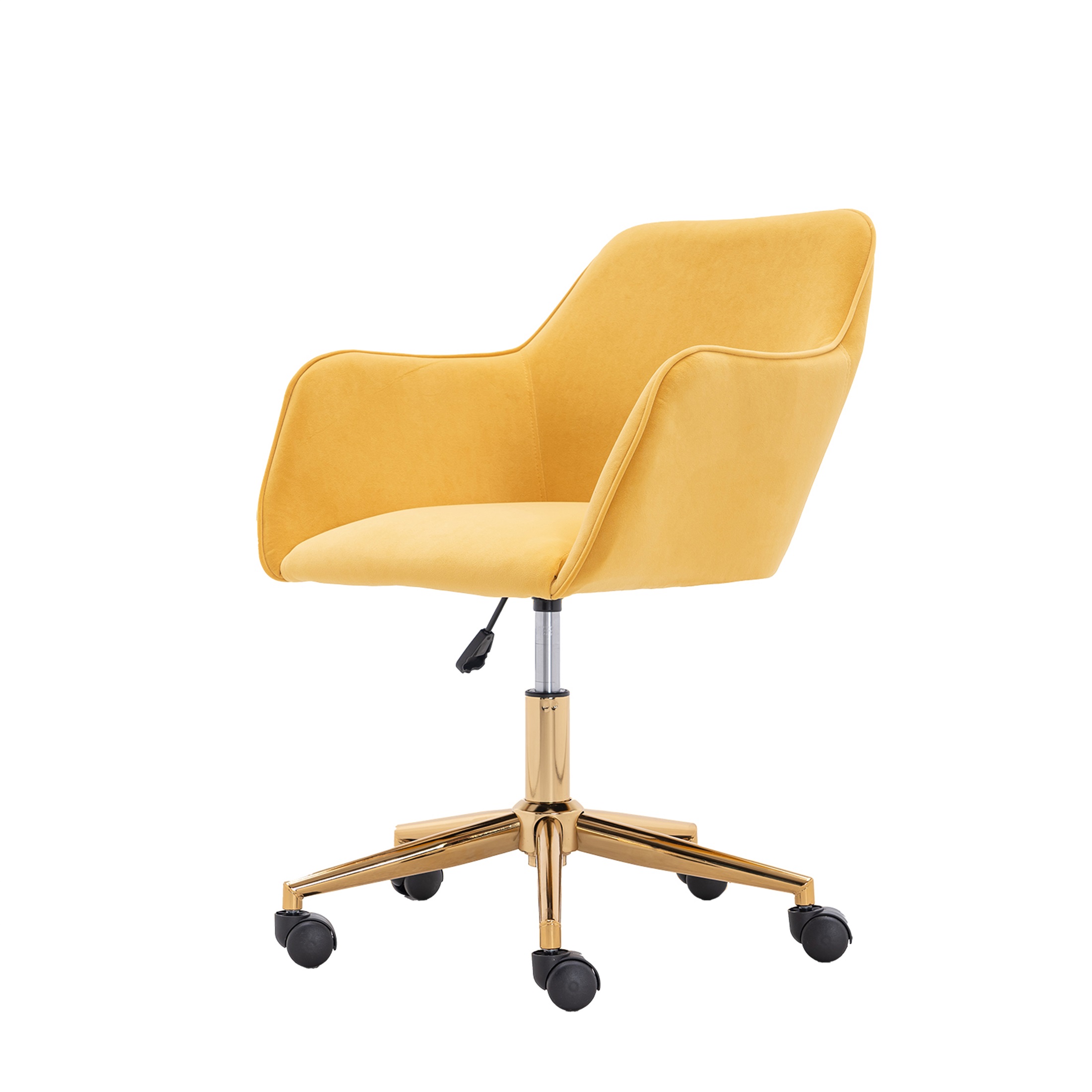 PORKISS Modern Velvet Fabric Office Chair, Height Adjustable 360° Swivel with Gold Metal Legs and Wheels, Yellow