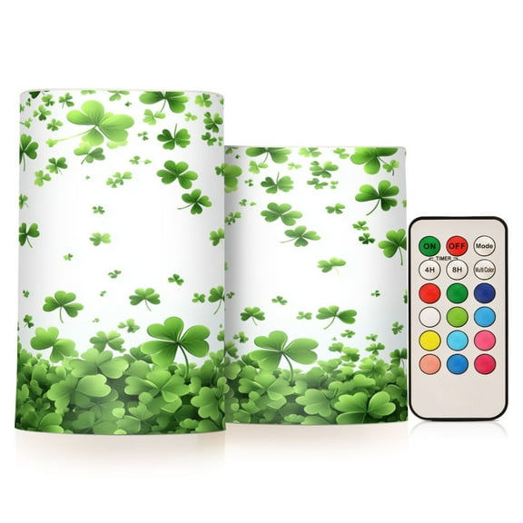 Flickering Flameless LED Candles set of 2 Battery Operated 18-Key Remotes Timer Halloween Fall Decor Shamrocks Floating in Air D3''xH4''5''